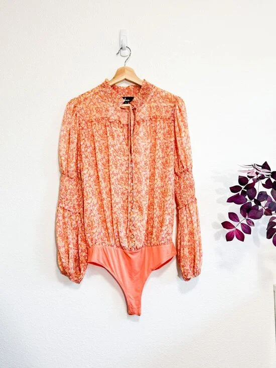LULUS Lovely Thoughts Peach Floral Print Ruffled Long Sleeve Bodysuit Small - Picture 2 of 8